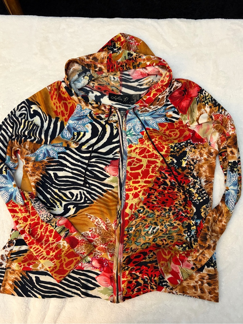 lola Multi-Print Zip Hoodie Jacket - Red, Gold, Black, Blue